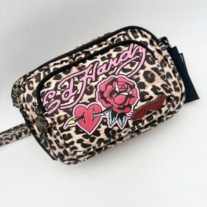 Ed Hardy Leopard Cheetah Print Heart Rose Graphic Crossbody Bag Multi Pocket Zip